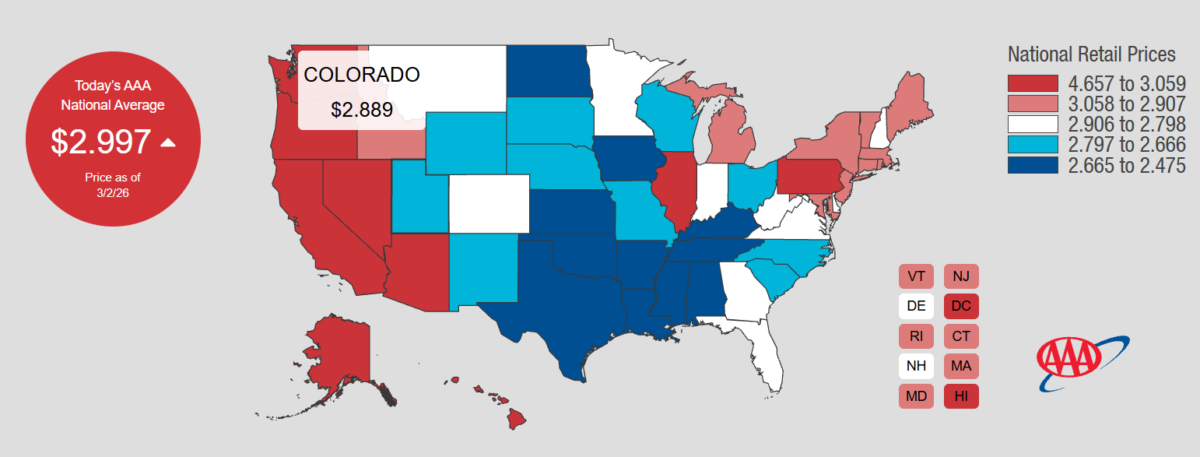 Gas prices per Triple A in a United States map, state by state.