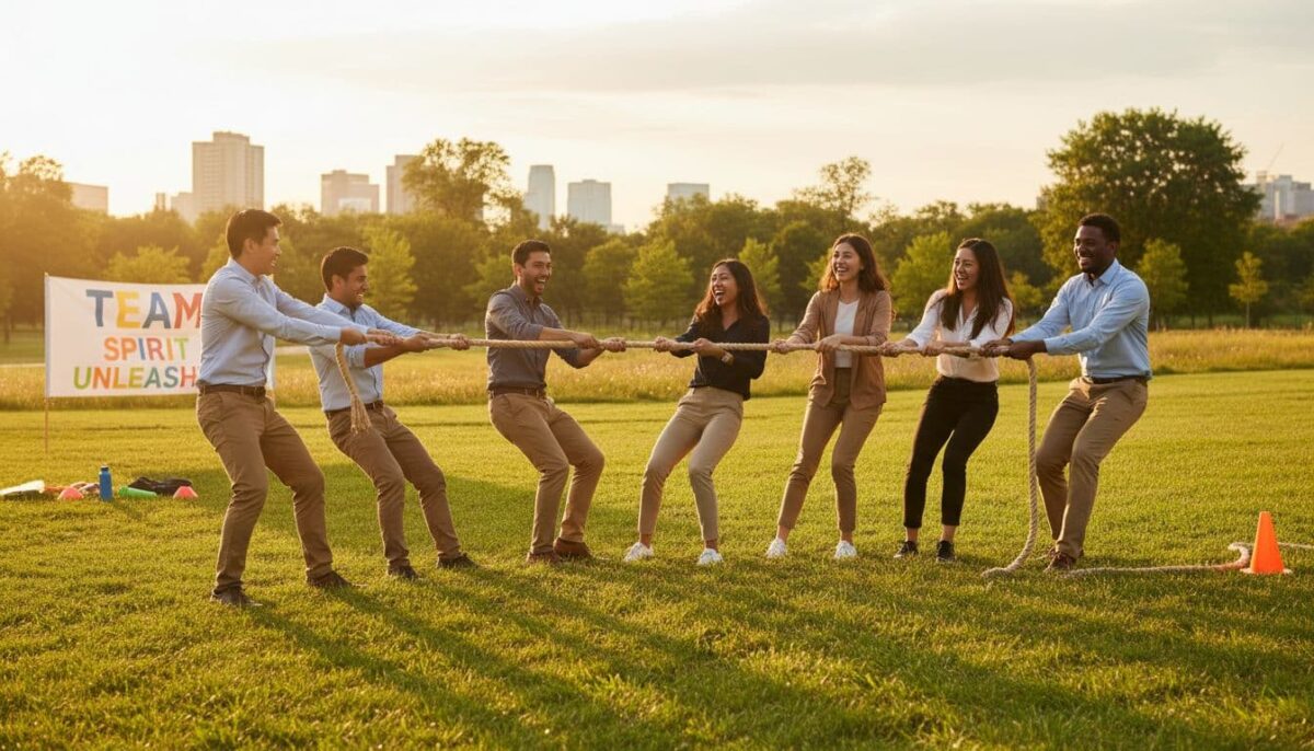 a business team building tug of war for fun