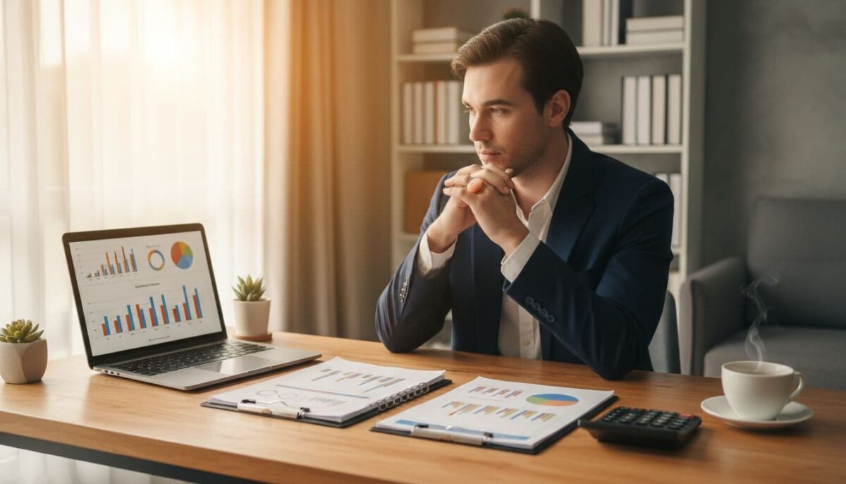 a business man looking over success a business man looking over his results