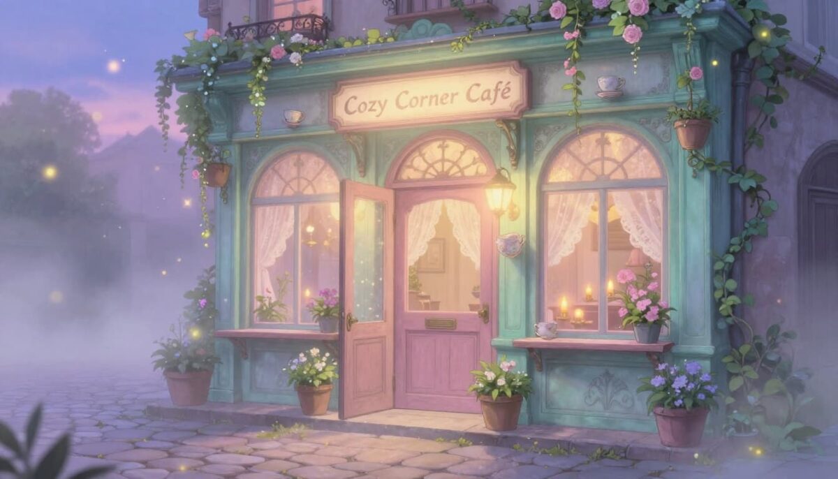 a dreamy ethereal cozy cafe storefront's brand image