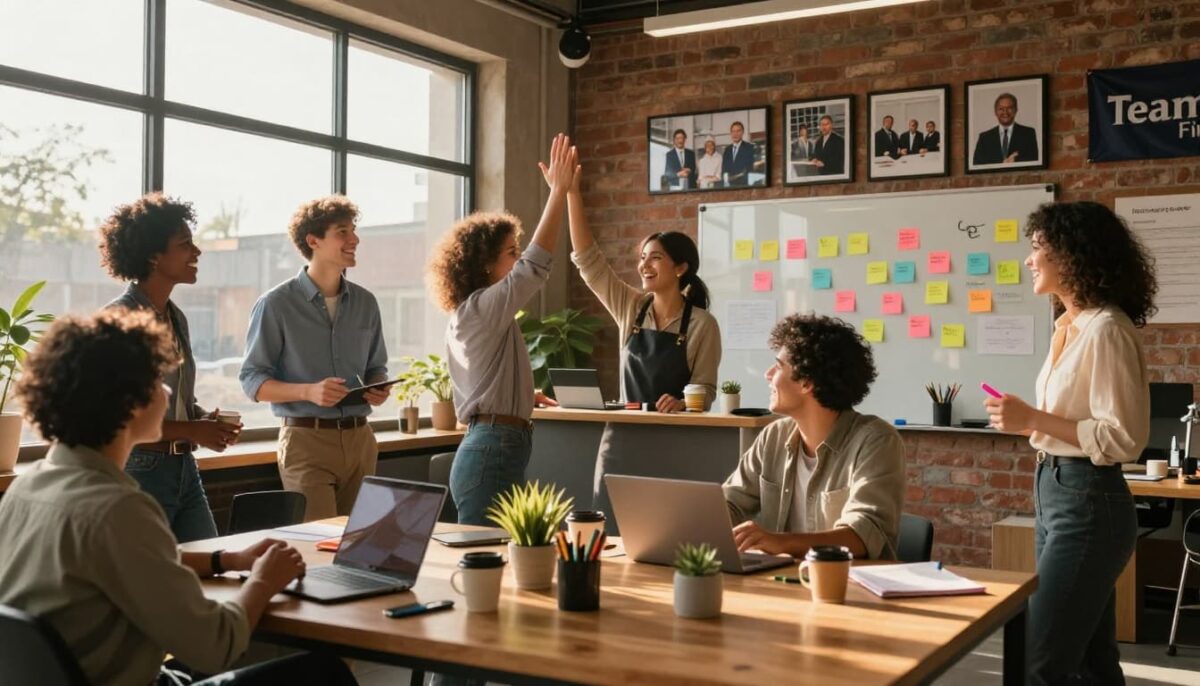 sunlit-cozy-office-team-collaboration a cozy office with employees celebrating success