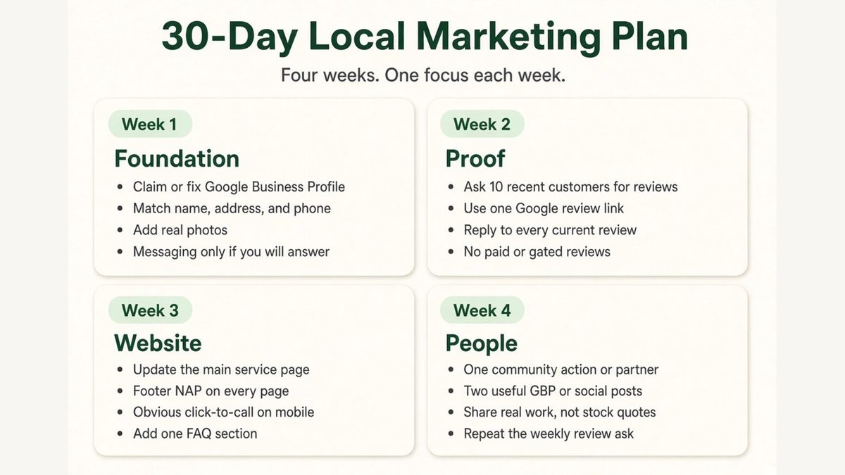 30-day local marketing plan: Week 1 Foundation, Week 2 Proof, Week 3 Website, Week 4 People