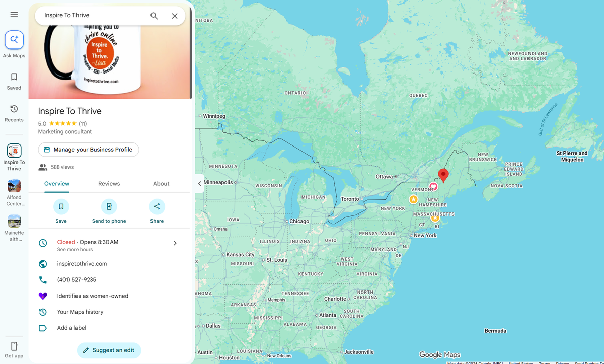 Google Business Profile for Inspire To Thrive showing map pin, photos, and reviews.