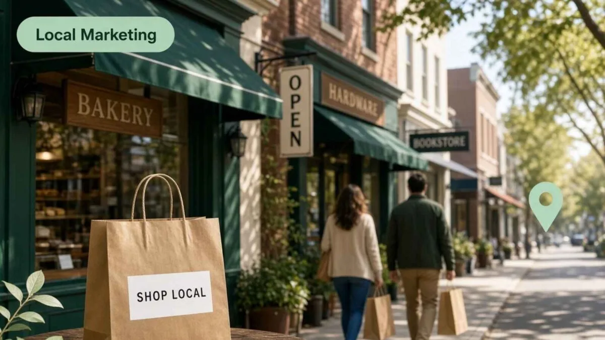 Local marketing strategies for small businesses: shop-local bag on a main street with bakery, hardware, and bookstore storefronts.