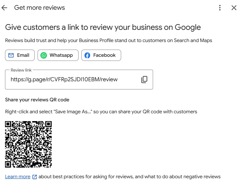 Review request card with a Google review link for a local small business