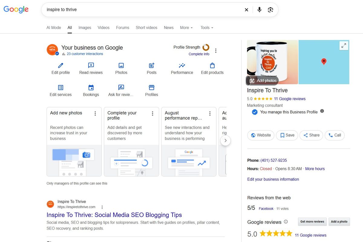 Lisa’s Google Business Profile with photos, hours, and customer reviews