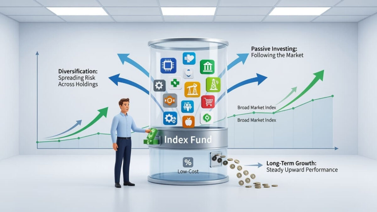 What is an index fund and how it helps investment success: Illustration showing diversification, low costs, passive investing, and long-term growth for small business owners.