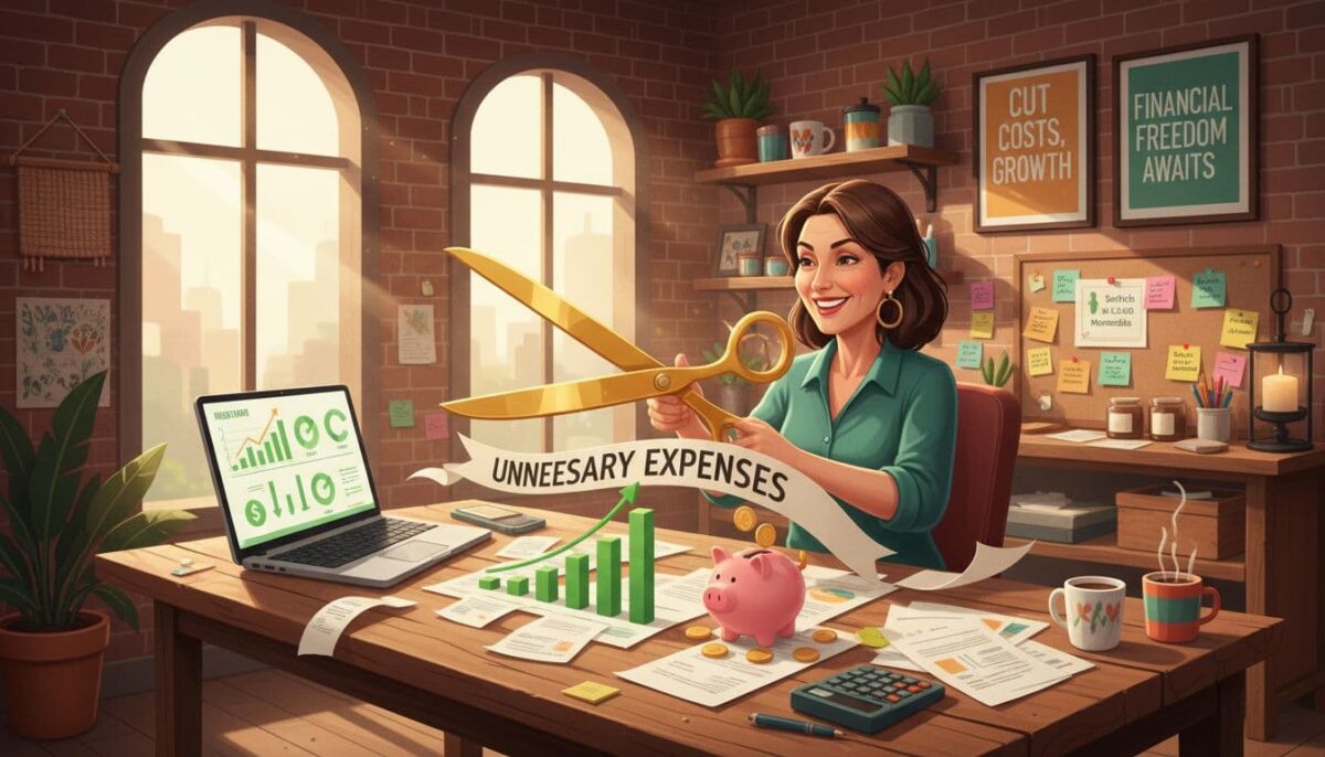 A small business person cost cutting expenses from their desk.