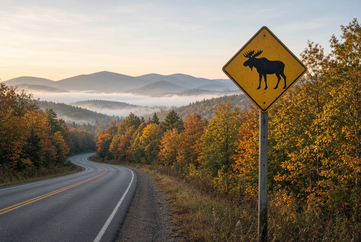 Yellow moose crossing warning sign on a rural Maine mountain road at sunrise
