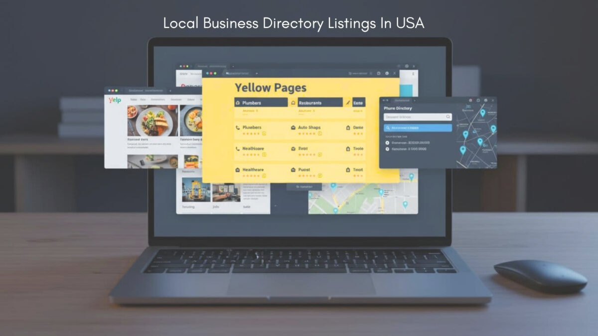 Local Business Directory Listings In USA showing Yellow Pages and Yelp on a laptop in a dark room