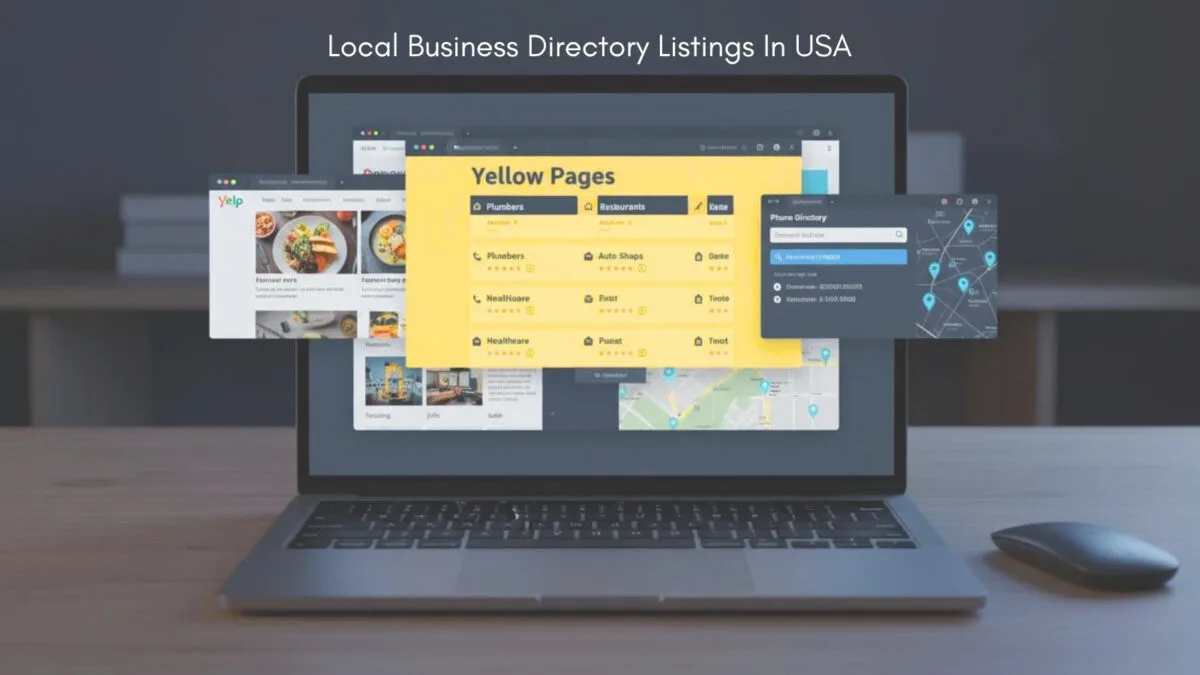 Local Business Directory Listings In USA showing Yellow Pages and Yelp on a laptop in a dark room