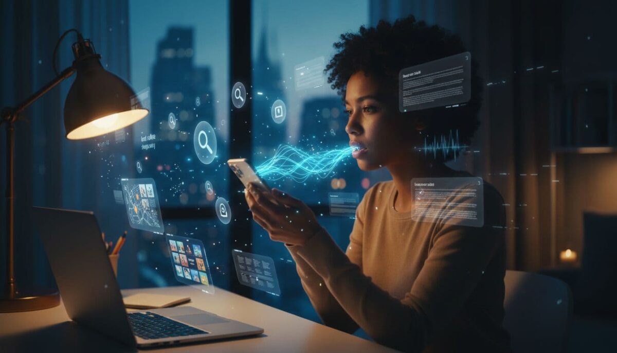 a lady using voice search at her desk