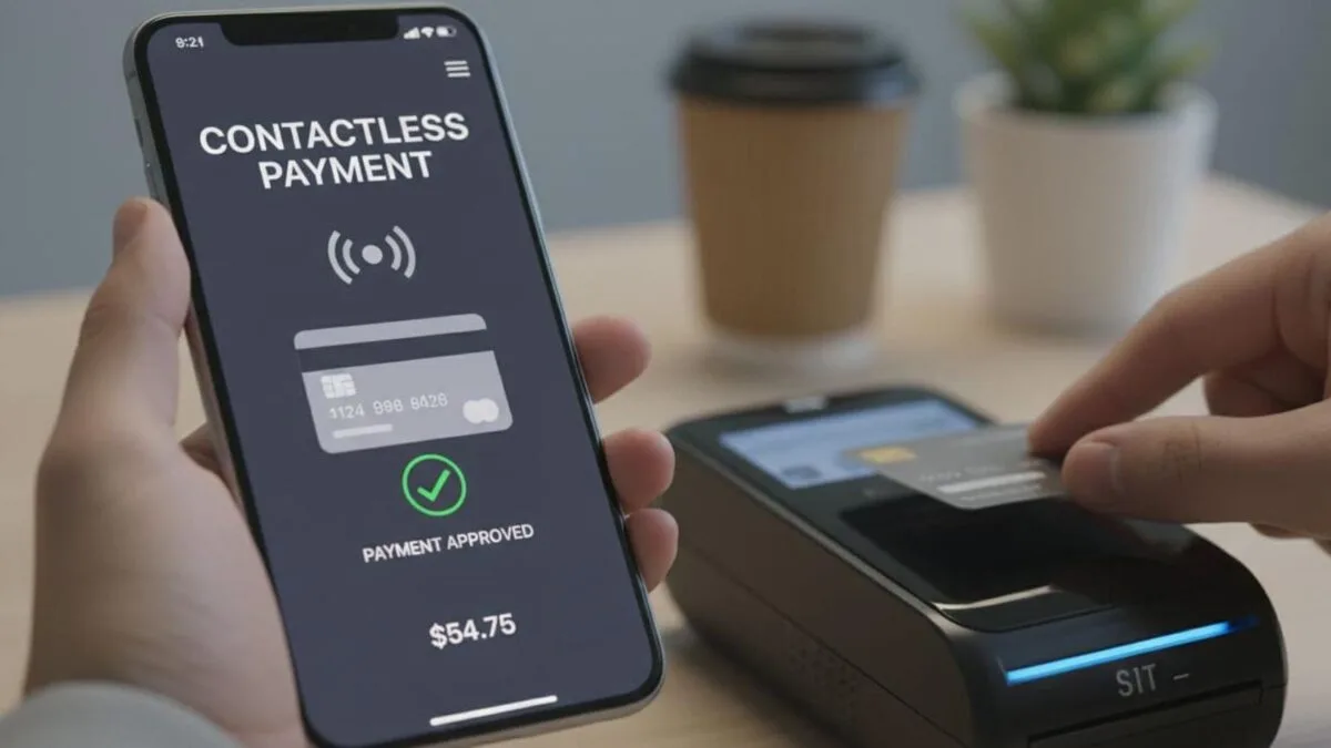 Mobile payment with contactless terminal as shown in this image