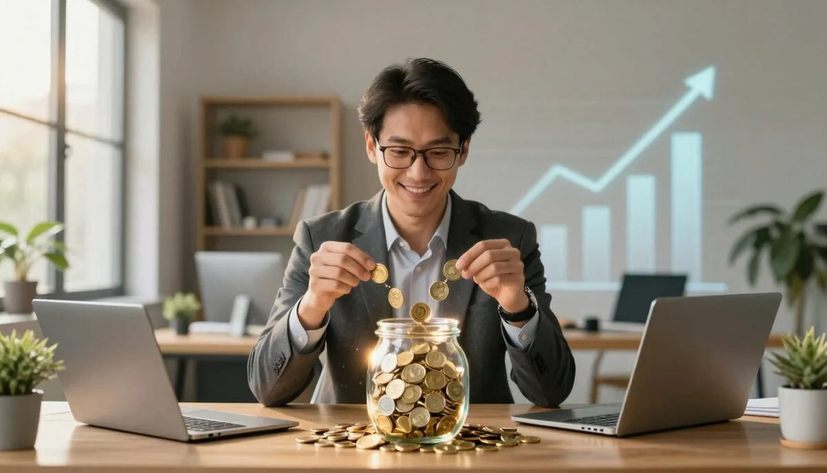 A man putting money in a jar to save for his retirement