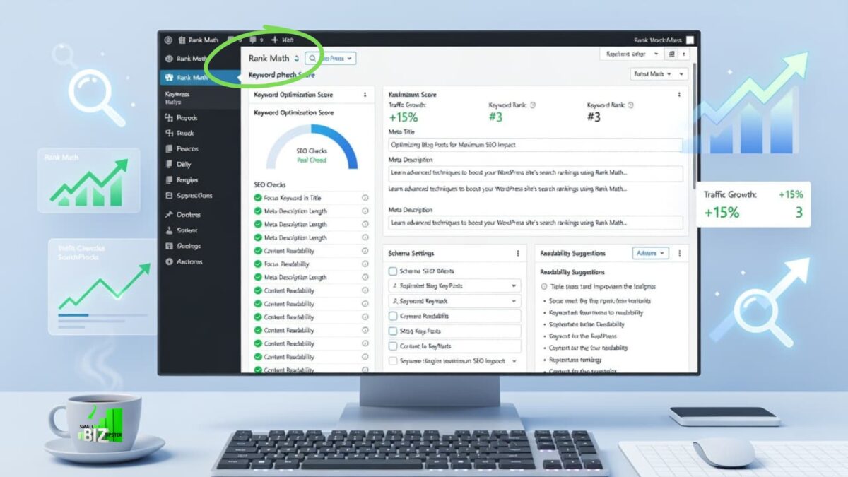 rank math seo plugin in action The rank math SEO plugin in action on a laptop.