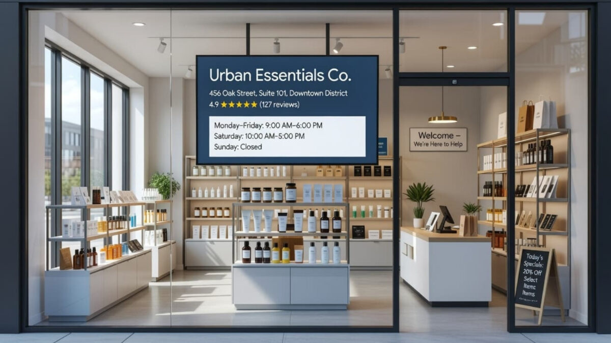 a modern business storefront with google profile hours updated A modern business storefront with google profile hours updated.