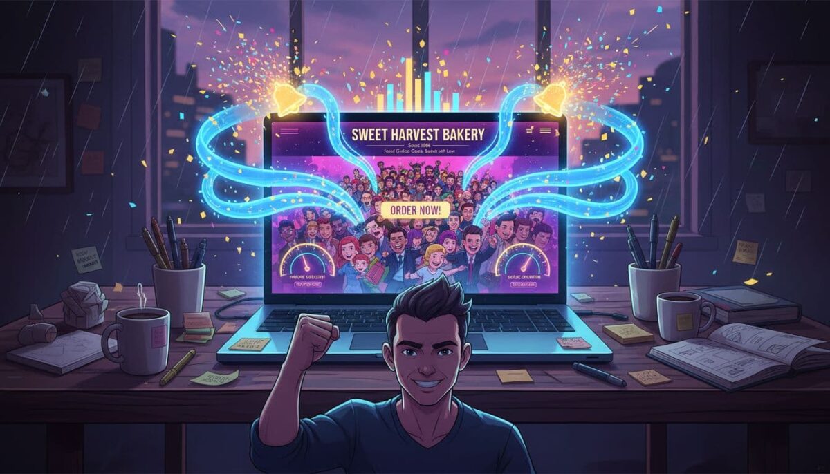 Dynamic digital illustration of a family-owned bakery's cozy website on a laptop in a twilight home office, overwhelmed by vibrant data streams, rushing avatars, exploding analytics graphs, and a celebrating entrepreneur