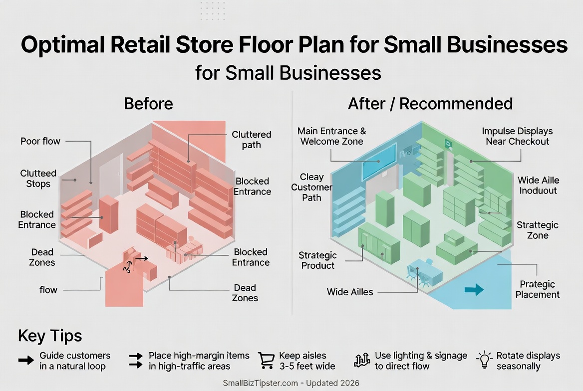 floor plans before and after for your storefront designs Before and After comparison of a small retail store floor plan. Shows common layout problems on the left and an optimized customer-friendly layout on the right with labeled best practices and key tips for better traffic flow and sales.