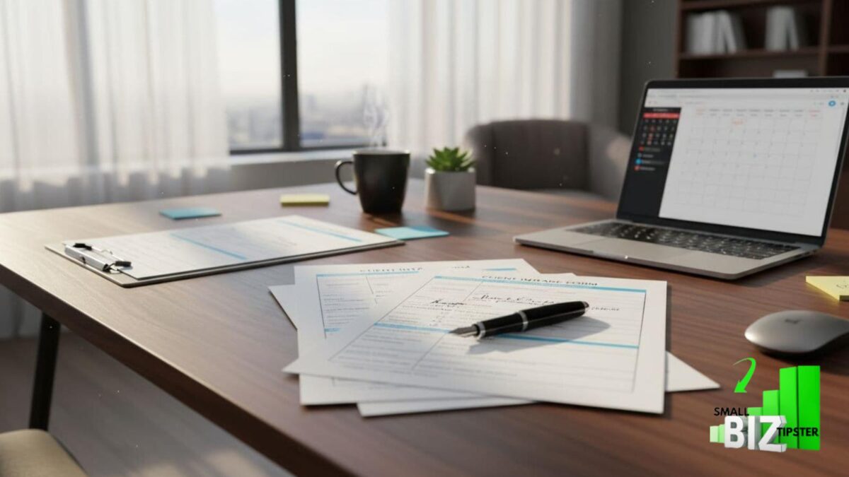 client intake forms on desk to input into computer