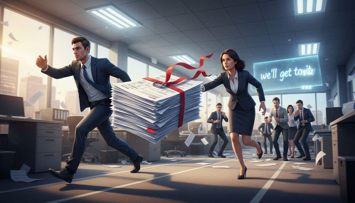 examples of client intake forms with employees running through the office