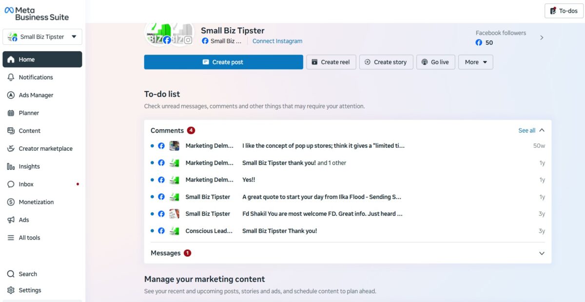 example of Meta business suite from Small Biz Tipster