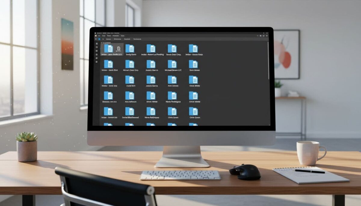organized client intake folders on desktop 