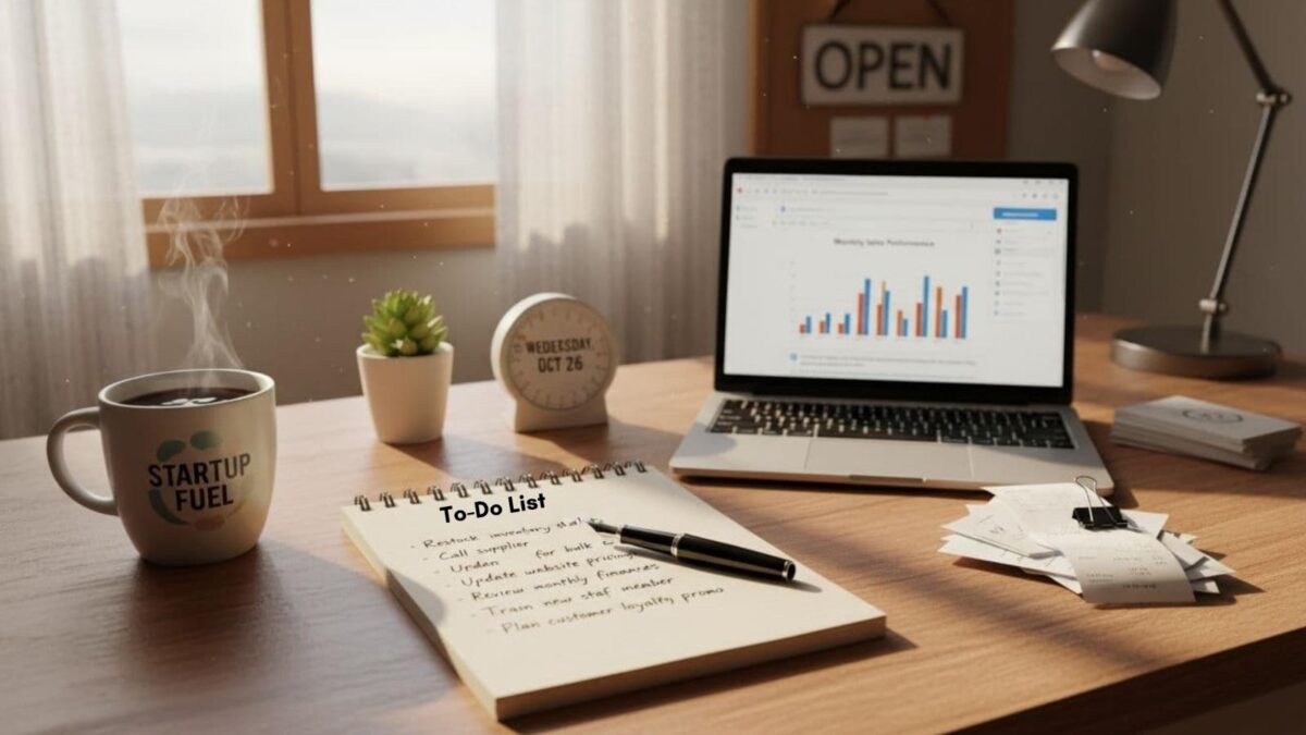Small business workspace showing handwritten to-do list, laptop with charts, coffee mug, and productivity setup