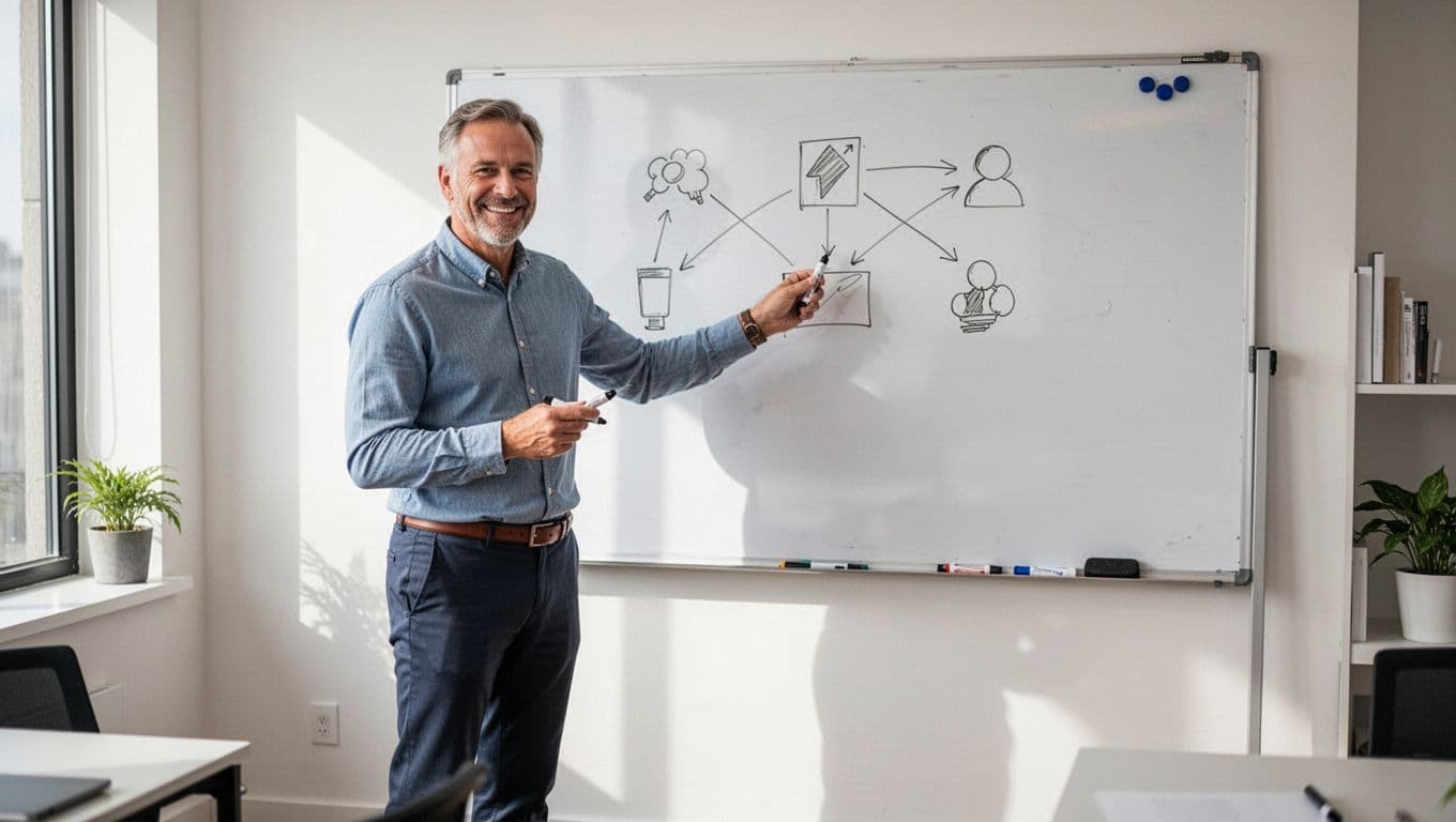 A confident middle-aged small business owner in business casual stands before a whiteboard in a bright modern office, drawing simple pivot strategy diagrams with markers while smiling and pointing at the board.