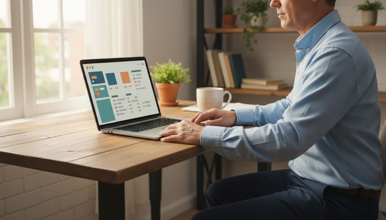 A middle-aged small business owner in business casual attire sits relaxed at a cozy home office desk, viewing a laptop with a simple CRM tools for small businesses dashboard shown at an angle, accompanied by a coffee mug and natural daylight from a window.