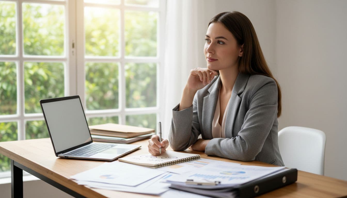 Small business owner at tidy desk with laptop and papers marks yes and no on notepad, hand on chin.