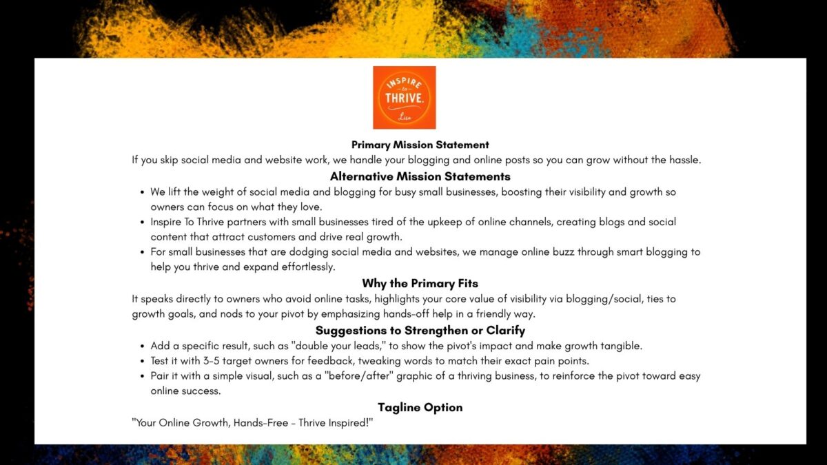 My Inspire To Thrive Mission Statement
