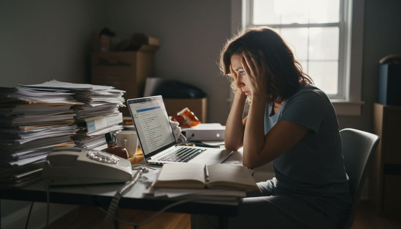 Small business owner rubs temples at cluttered home office desk with papers, ringing phone, and open laptop emails thinking why she has no mission
