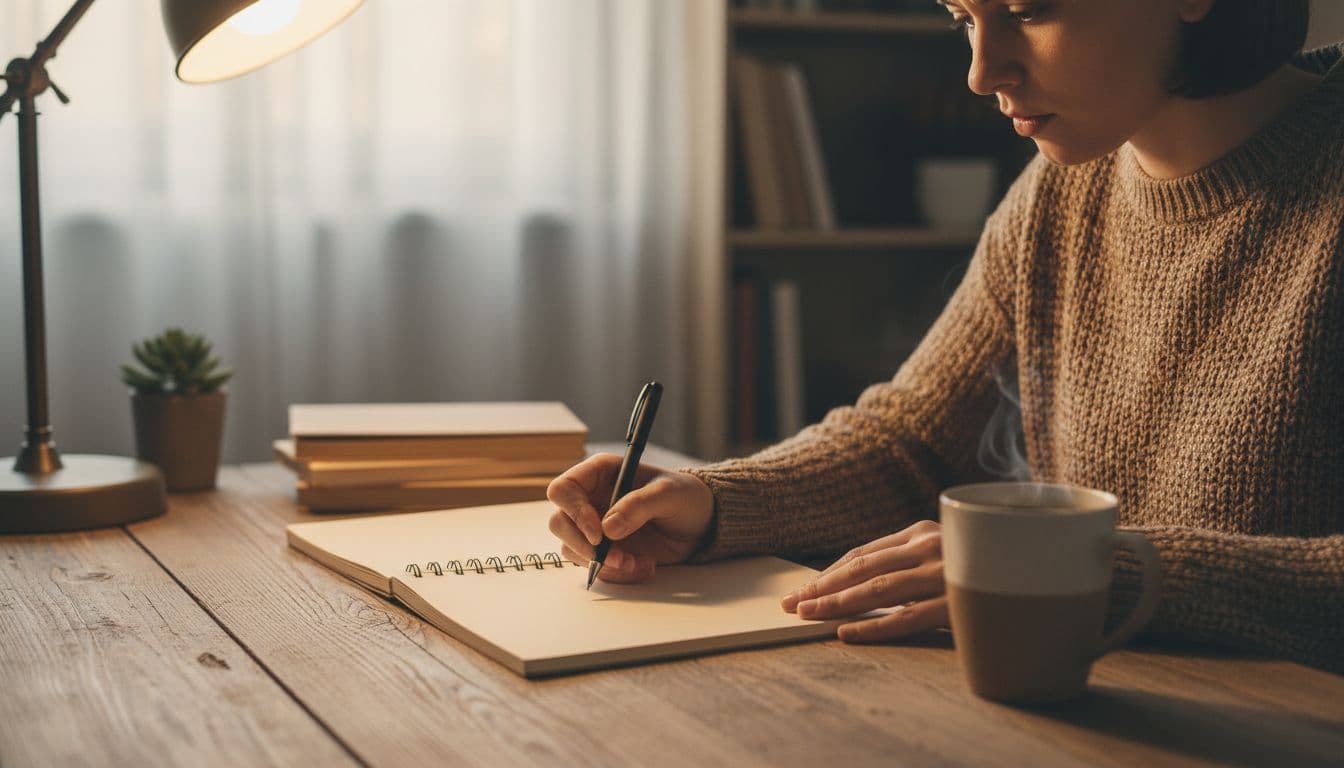 Small business owner writes in notebook in cozy home office with coffee mug nearby. writing her mission statement