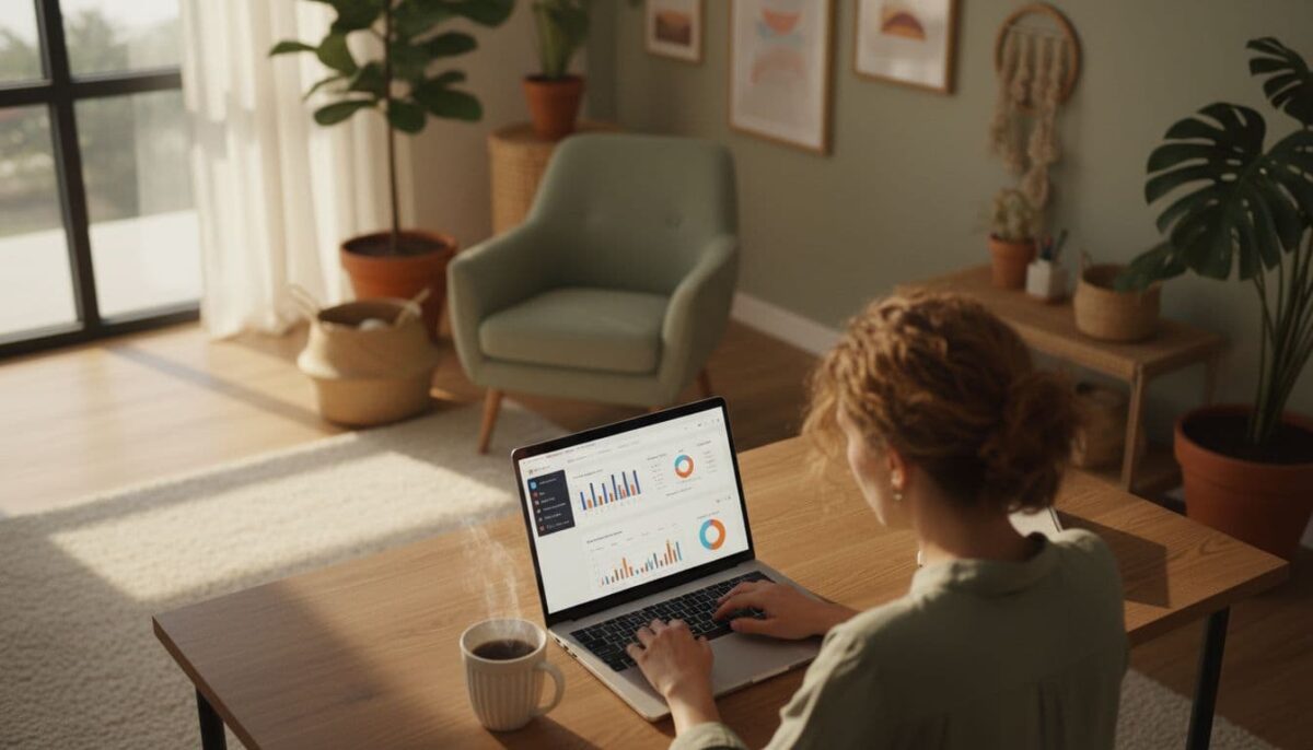 woman working on her marketing for her at home business A woman working on her marketing for her at home business.