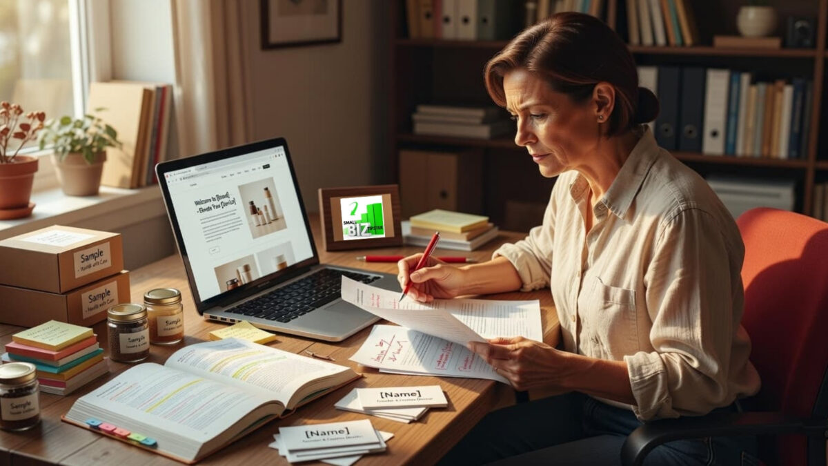 a small business owner checking copy a small business owner checking her brand's copy