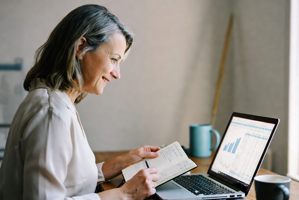 a woman looking over her results of customers