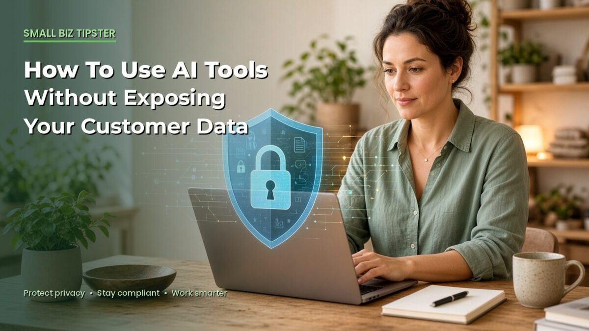 Woman using a laptop with a digital privacy shield and lock overlay; green Small Biz Tipster branding and title about how to use AI tools without exposing data.