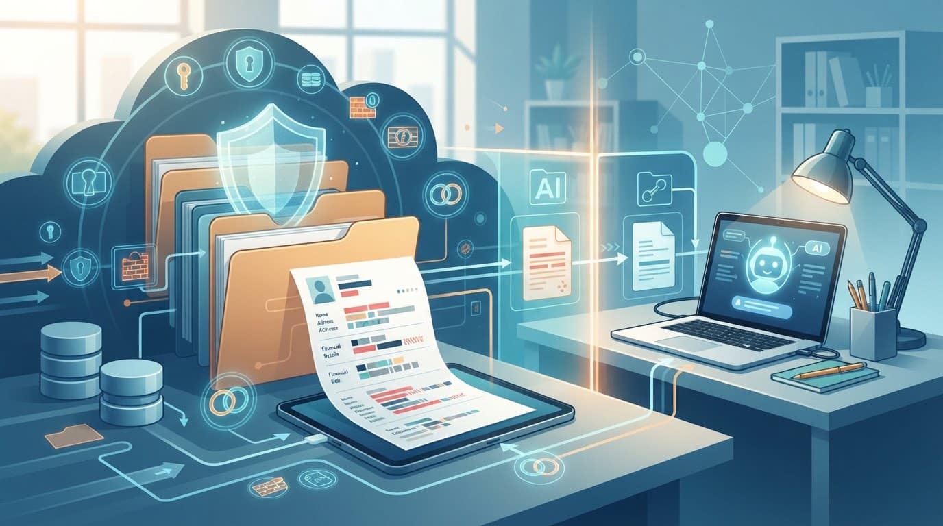 A shield protects redacted records, connected files, and an approved assistant near a laptop learns how to use AI tools without exposing data.