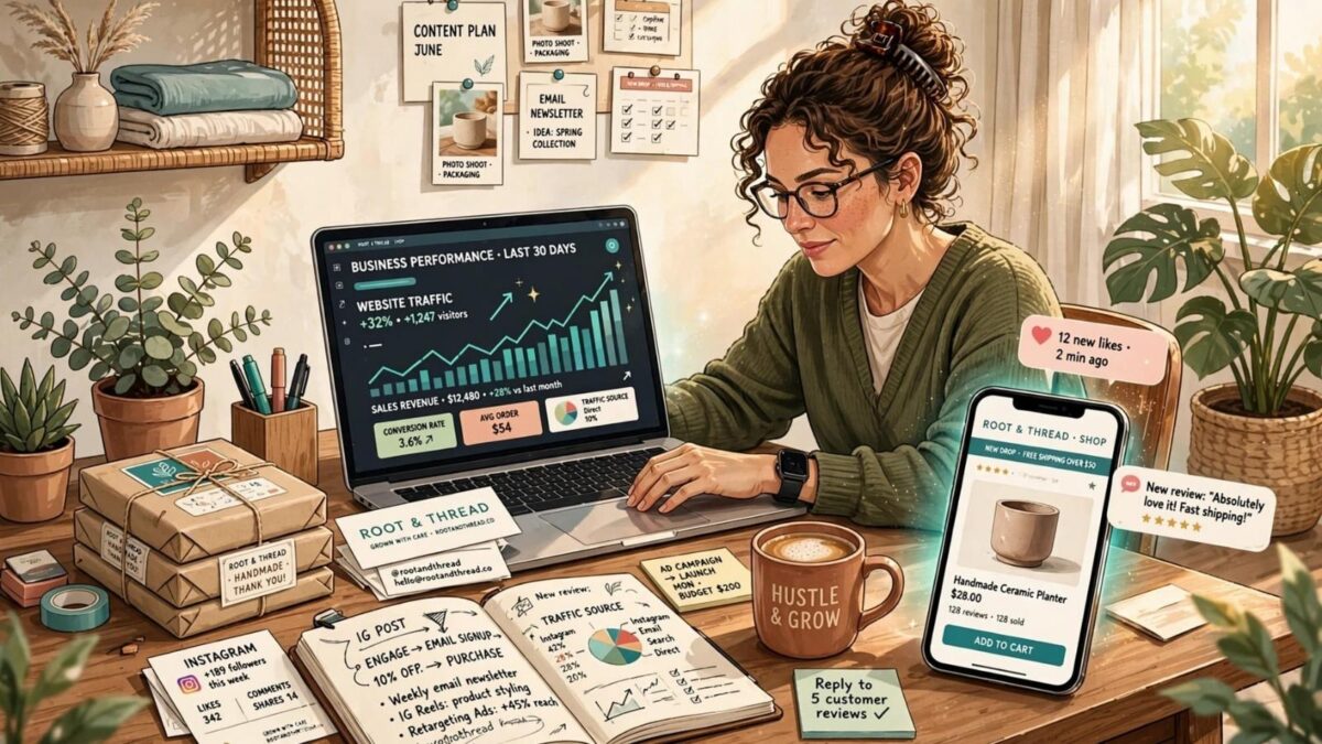 a small business owner shown optimizing her online business with a laptop and packages on a desk a small business owner shown optimizing her online business with a laptop and packages on a desk