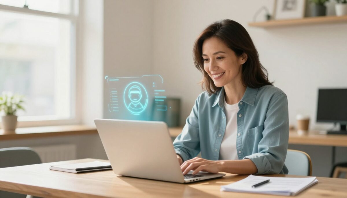 A smiling shop owner works on a laptop at a desk in a bright coffee shop with AI to save time.