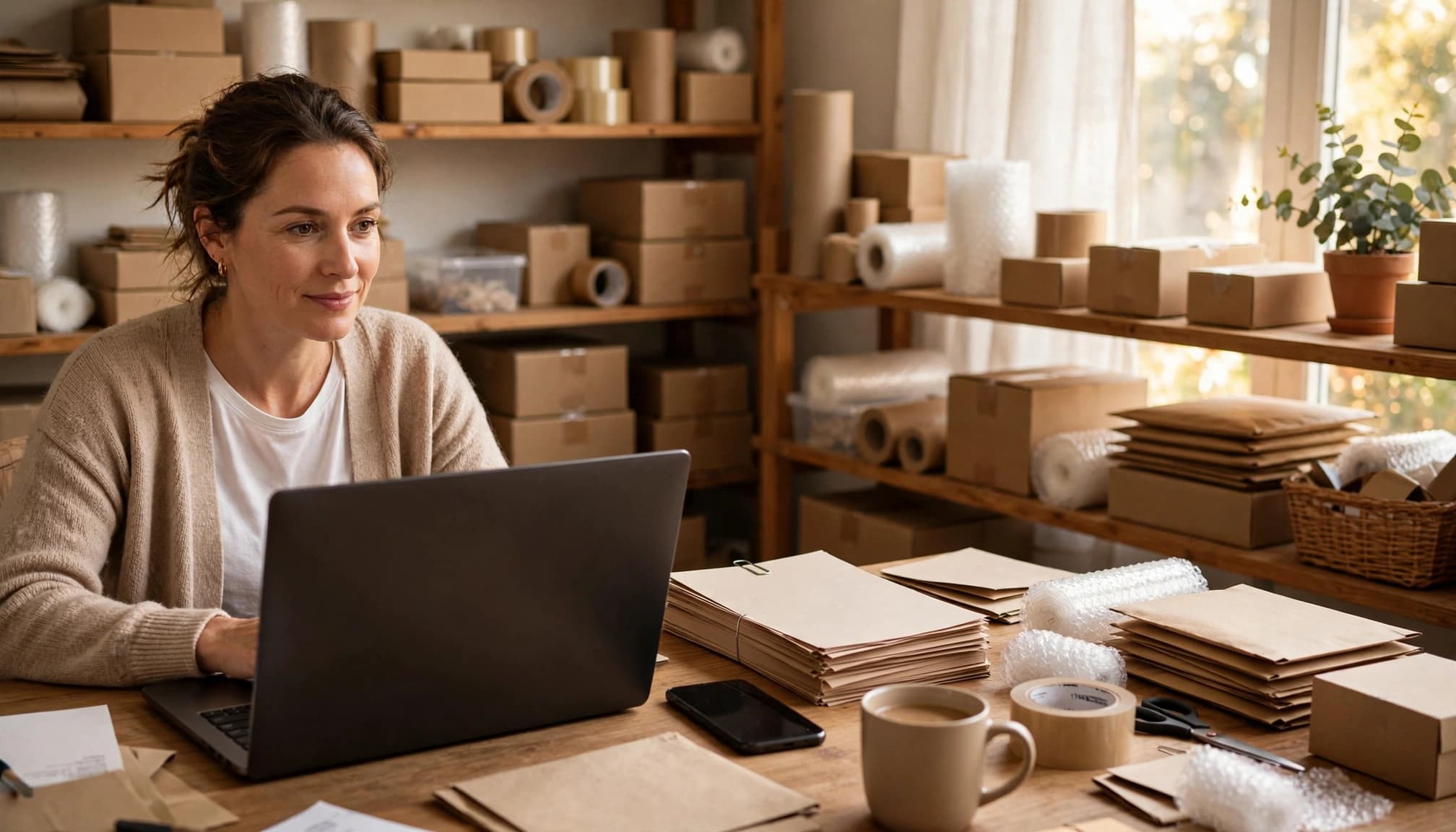 Business owner reviewing a laptop beside invoices and a phone in a bright office understands how AI saves time for her business.