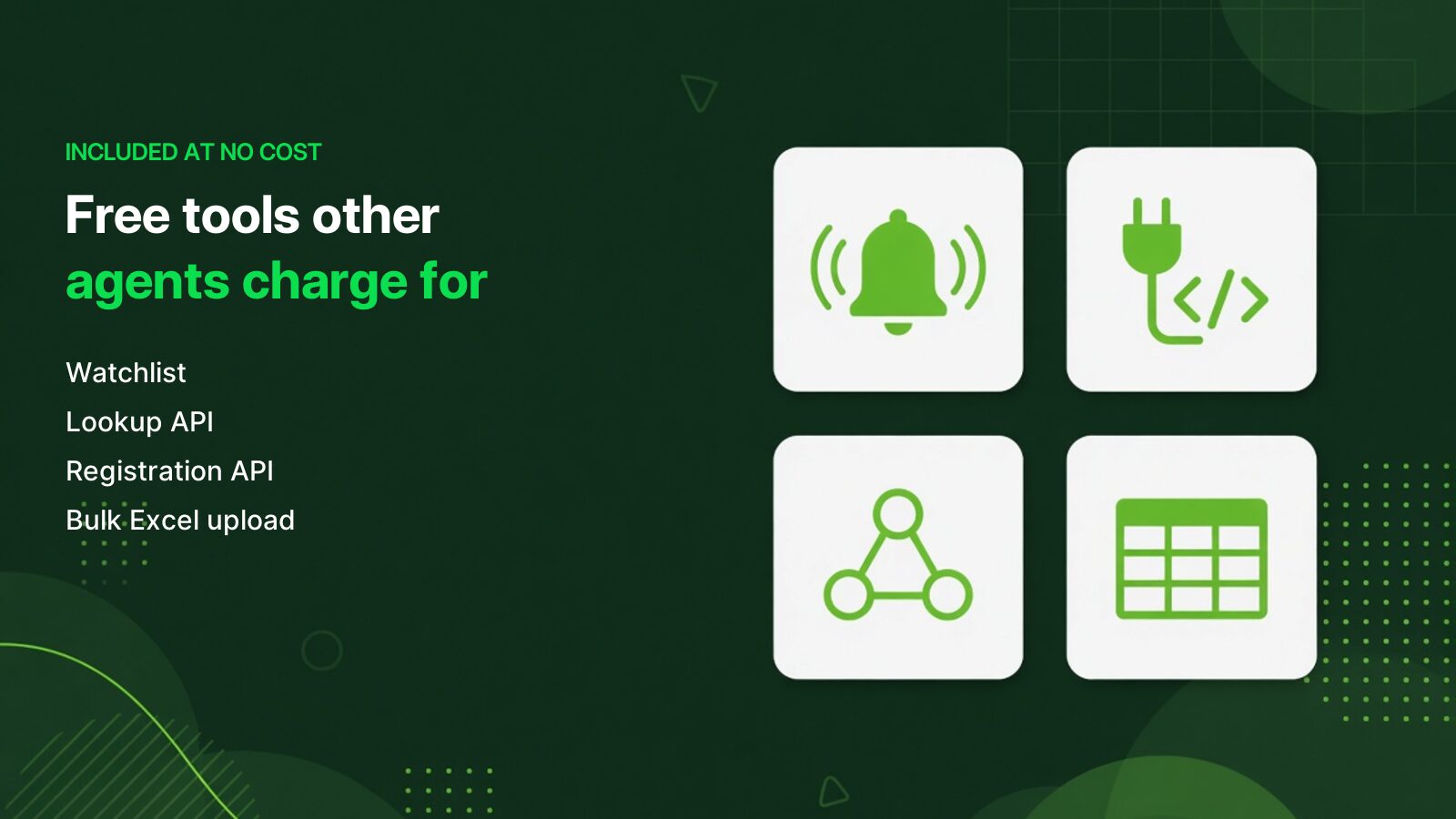 Four free LEI Lookup tools shown as icons: Watchlist, Lookup API, Registration API, and bulk Excel upload. Four free LEI Lookup tools shown as icons: Watchlist, Lookup API, Registration API, and bulk Excel upload.
