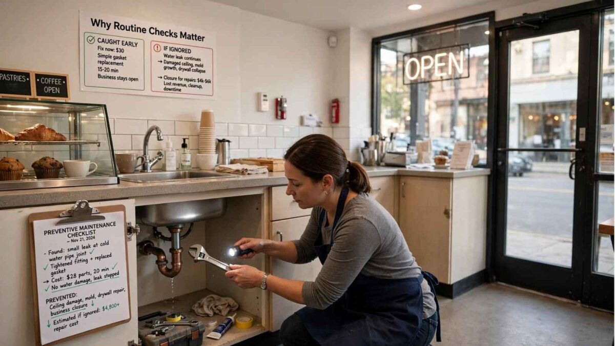 Woman inspecting plumbing in café for preventative building maintenance.