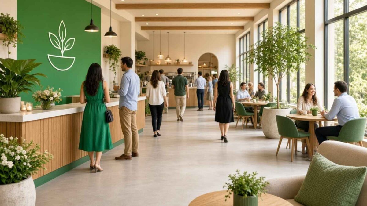 Modern cafe with smooth visitor flow, green brand accents, and guests moving freely without long lines.