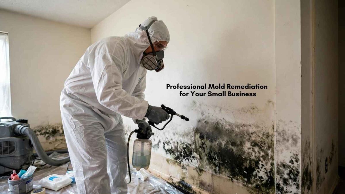 A man completely covered from head to toe to do professional mold remediation services for a commercial property.