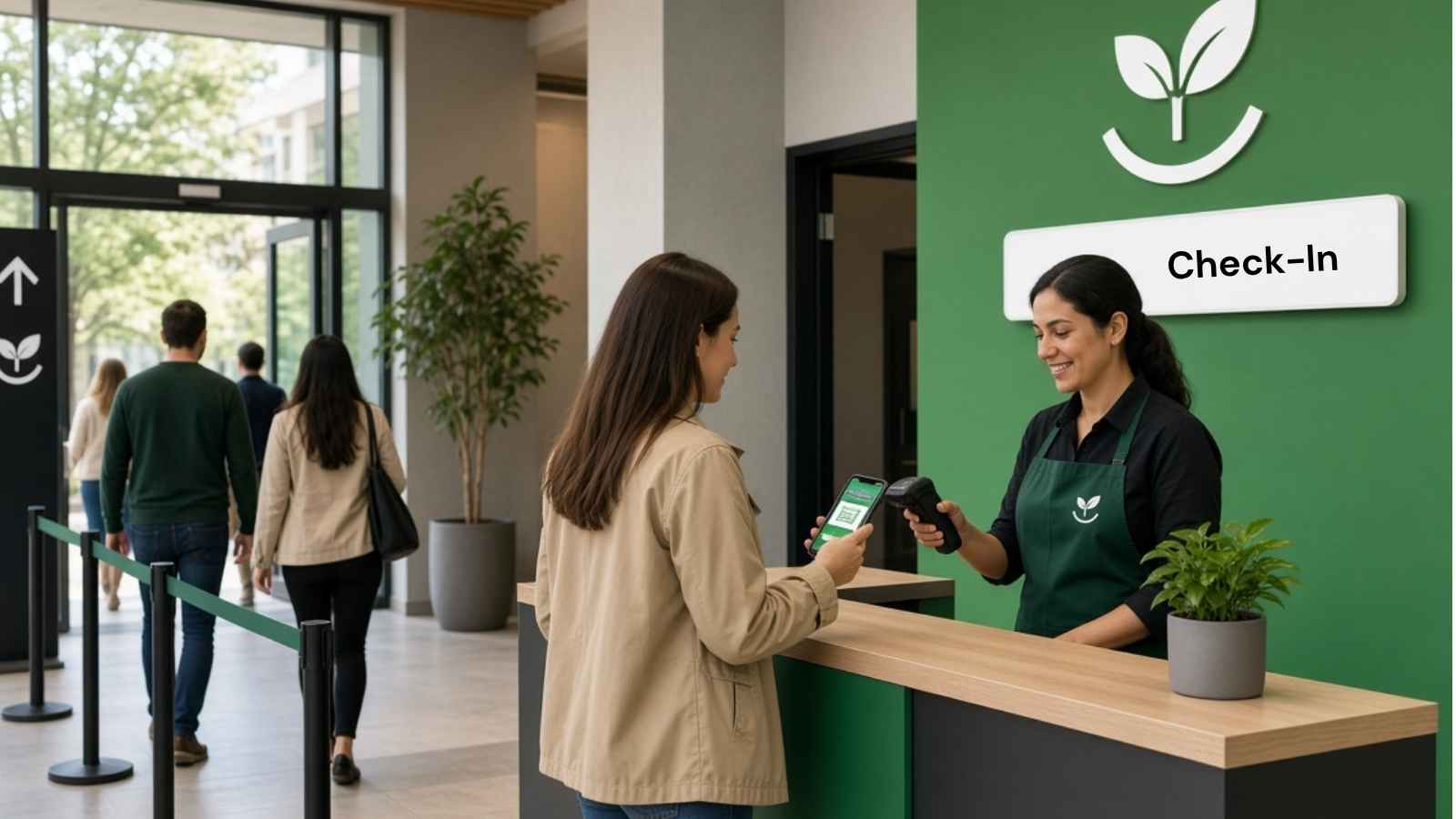 Staff member scanning a digital ticket at a small venue entrance with organized guest arrival and green branding