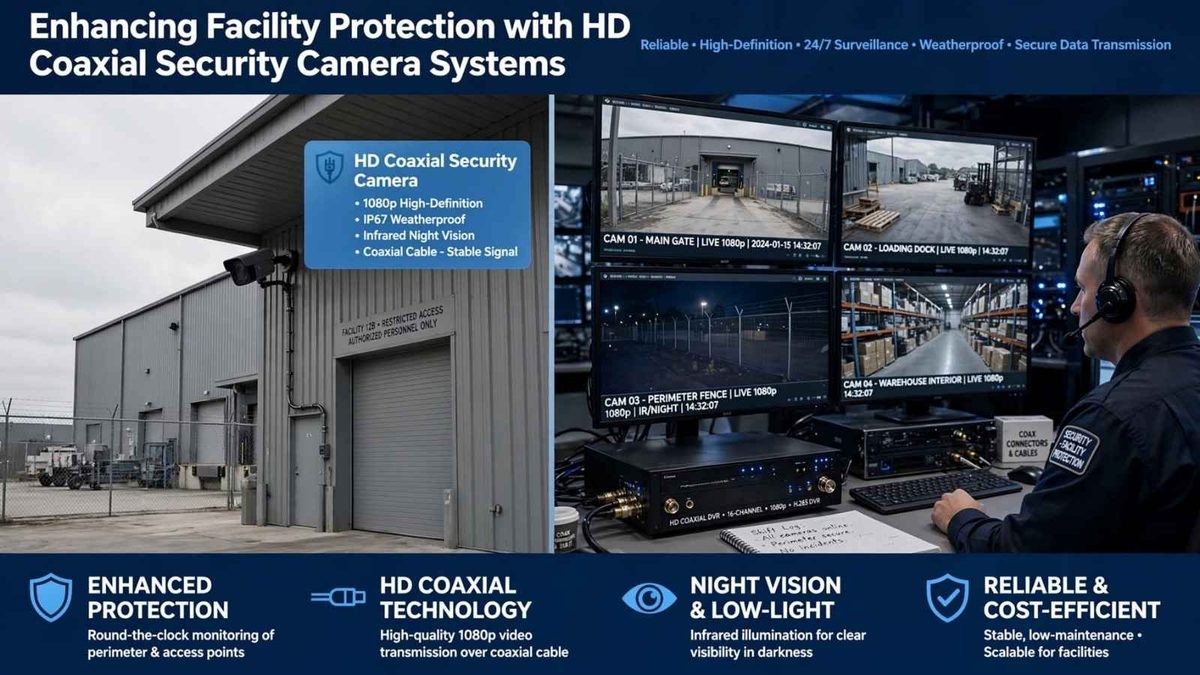 A chart showing how to enhance a business facility with HD coaxial security camera systems.