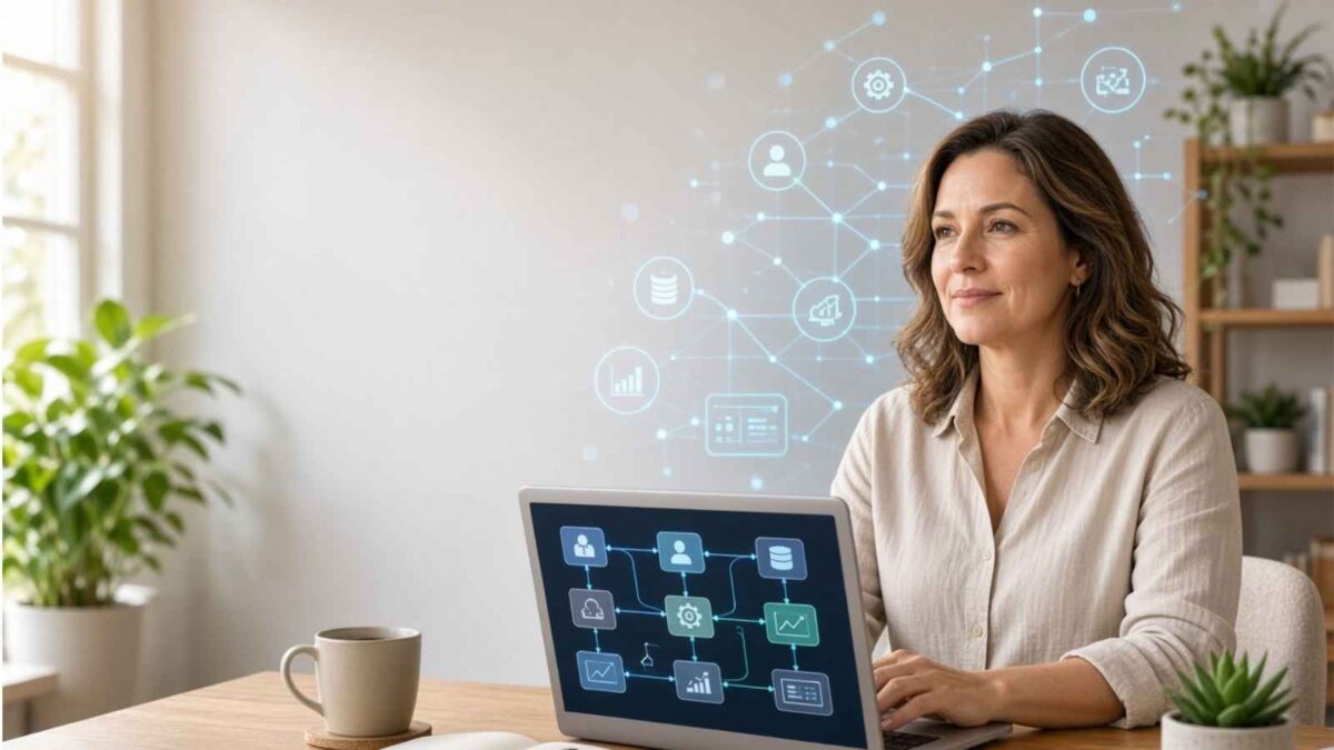 custom AI workflows with woman working on them on a laptop on her desk.