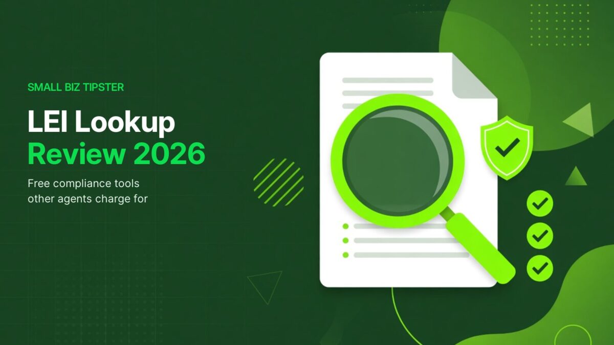 Free LEI lookup review graphic with a magnifying glass over a document and a compliance checkmark, in Small Biz Tipster green.
