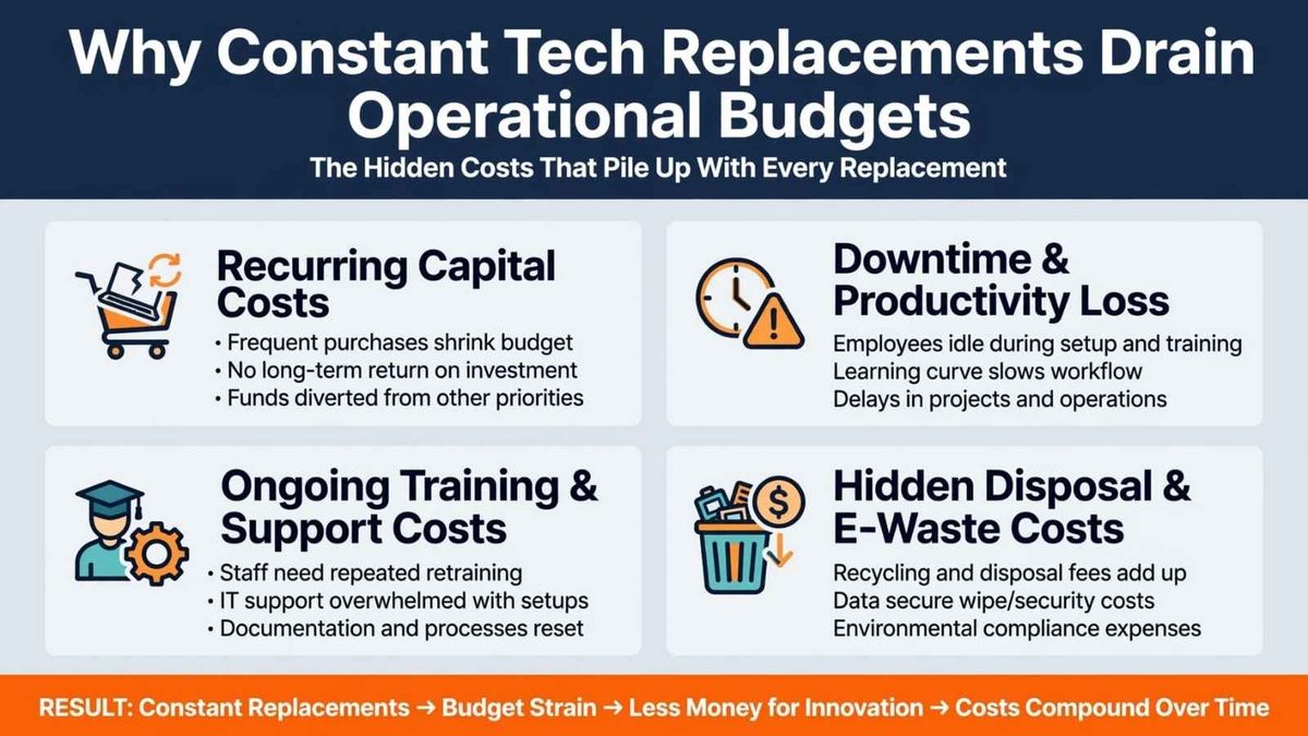 Infographic explaining why constant tech replacements drain operational budgets through capital costs, downtime, training, and e-waste